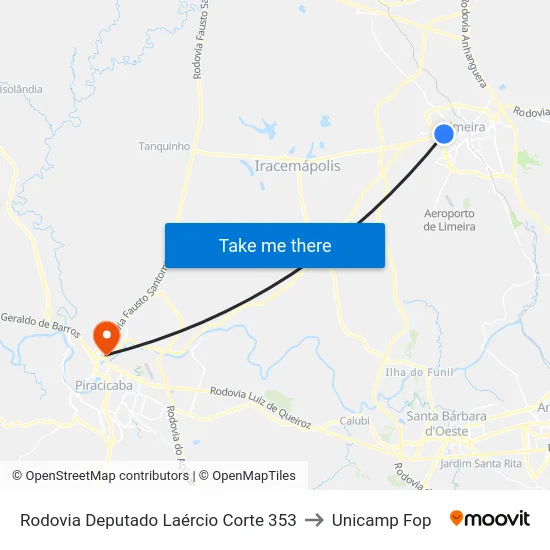 Rodovia Deputado Laércio Corte 353 to Unicamp Fop map