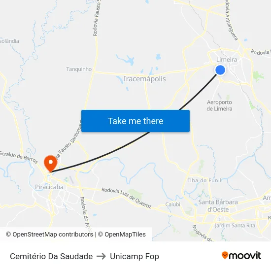 Cemitério Da Saudade to Unicamp Fop map