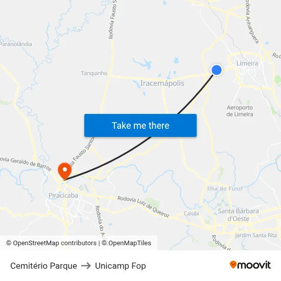 Cemitério Parque to Unicamp Fop map