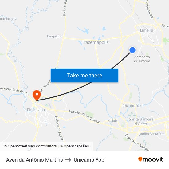 Avenida Antônio Martins to Unicamp Fop map