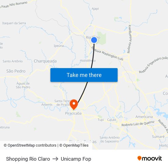 Shopping Rio Claro to Unicamp Fop map