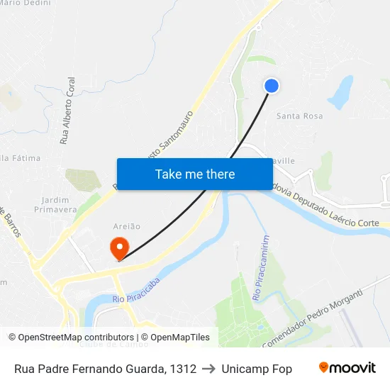 Rua Padre Fernando Guarda, 1312 to Unicamp Fop map