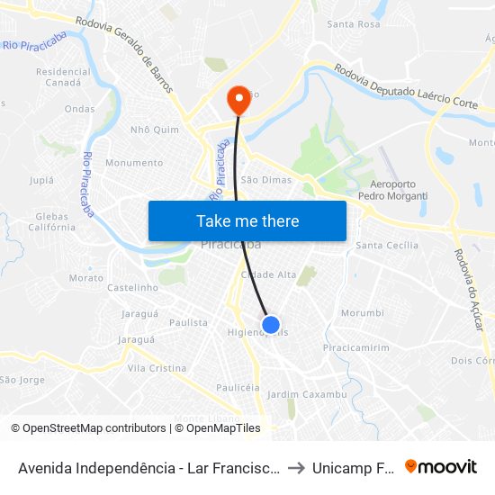 Avenida Independência - Lar Franciscano to Unicamp Fop map
