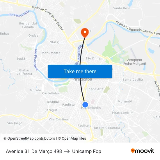 Avenida 31 De Março 498 to Unicamp Fop map