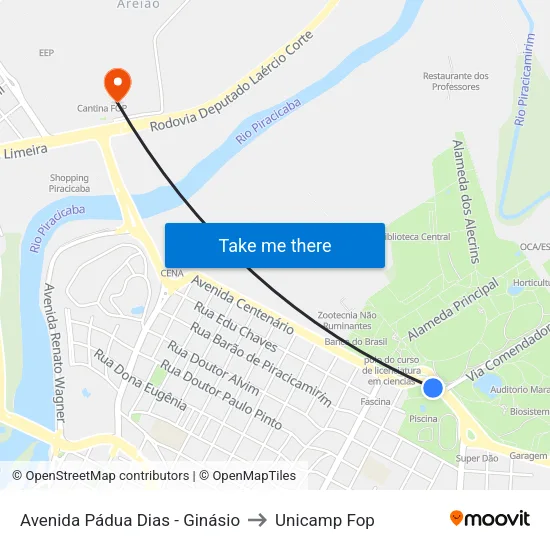 Avenida Pádua Dias - Ginásio to Unicamp Fop map
