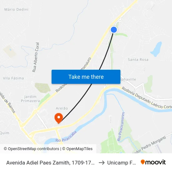 Avenida Adiel Paes Zamith, 1709-1717 to Unicamp Fop map