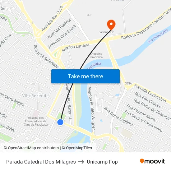 Parada Catedral Dos Milagres to Unicamp Fop map