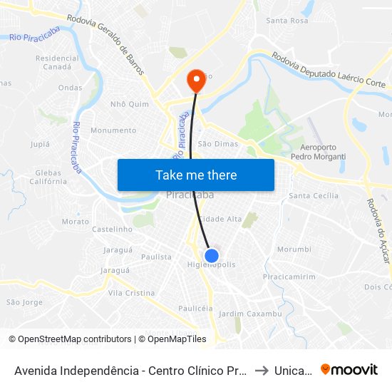 Avenida Independência - Centro Clínico Próximo À Santa Casa De Piracicaba to Unicamp Fop map