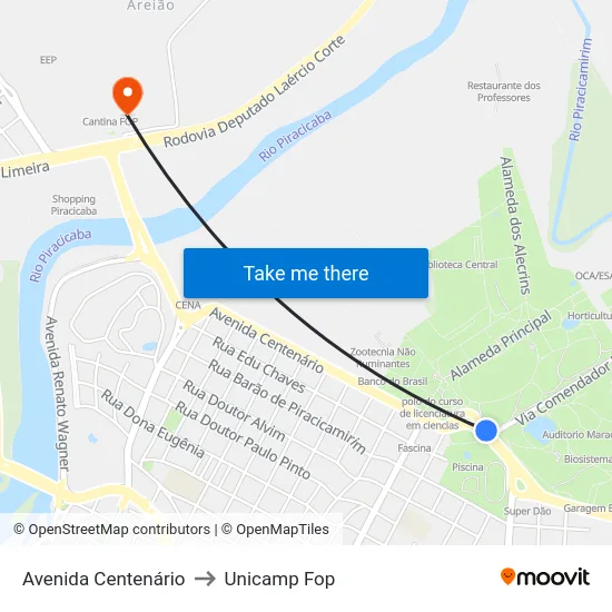 Avenida Centenário to Unicamp Fop map