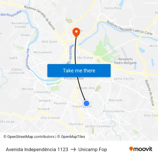 Avenida Independência 1123 to Unicamp Fop map