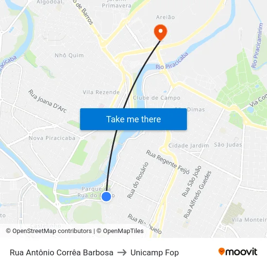 Rua Antônio Corrêa Barbosa to Unicamp Fop map