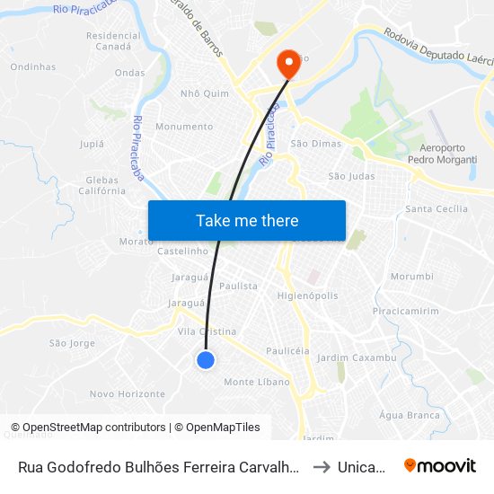 Rua Godofredo Bulhões Ferreira Carvalho, Bairro Jardim Tatuapé to Unicamp Fop map