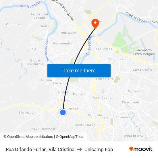 Rua Orlando Furlan, Vila Cristina to Unicamp Fop map