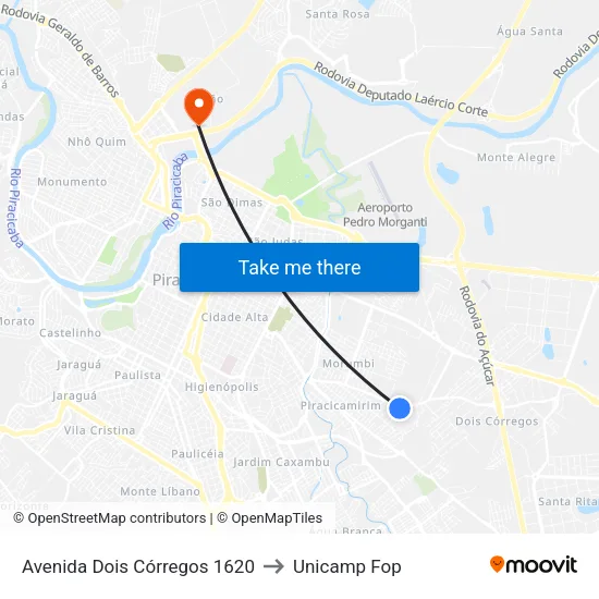 Avenida Dois Córregos 1620 to Unicamp Fop map