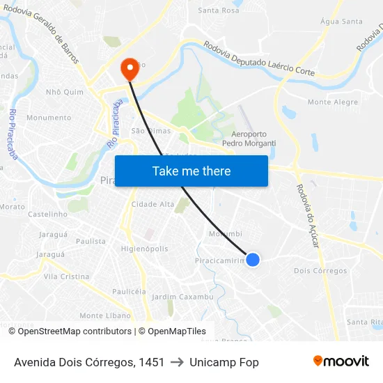 Avenida Dois Córregos, 1451 to Unicamp Fop map