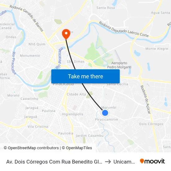 Av. Dois Córregos Com Rua Benedito Glicério Teixeira to Unicamp Fop map