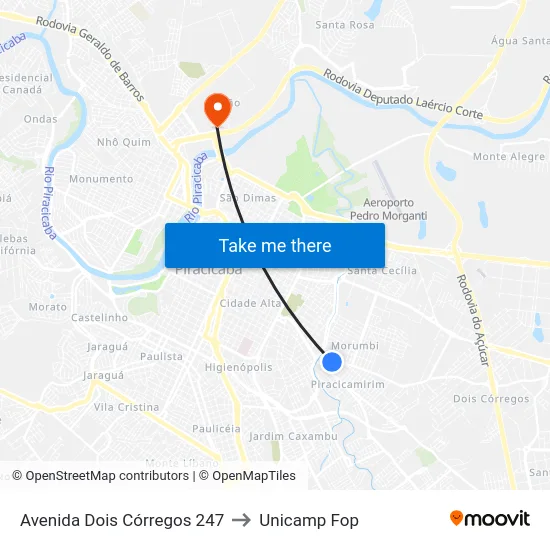 Avenida Dois Córregos 247 to Unicamp Fop map