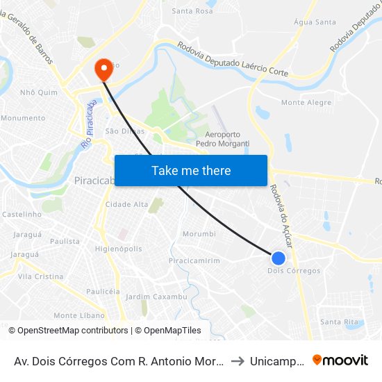 Av. Dois Córregos Com R. Antonio Moraes Barros to Unicamp Fop map