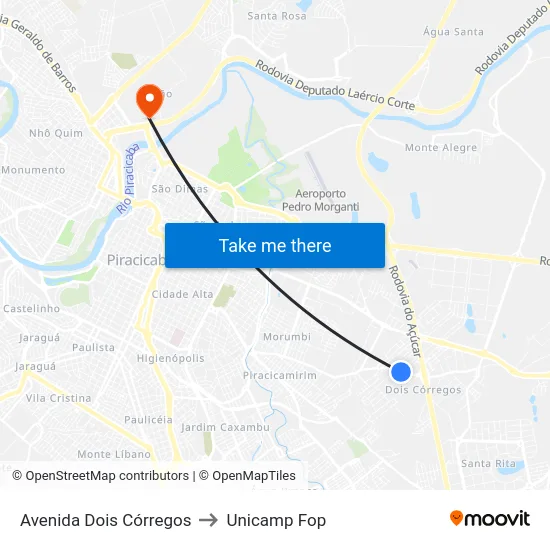 Avenida Dois Córregos to Unicamp Fop map