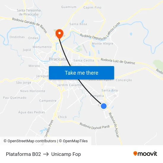 Plataforma B02 to Unicamp Fop map