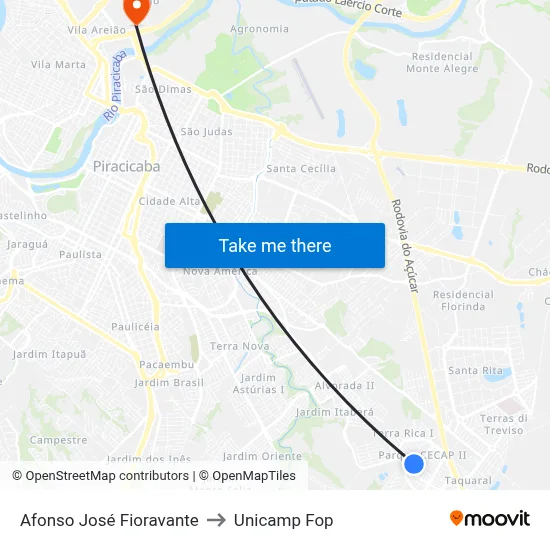 Afonso José Fioravante to Unicamp Fop map