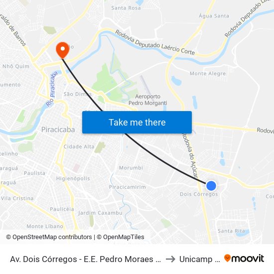 Av. Dois Córregos - E.E. Pedro Moraes Cavalcanti to Unicamp Fop map