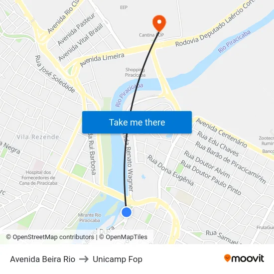 Avenida Beira Rio to Unicamp Fop map