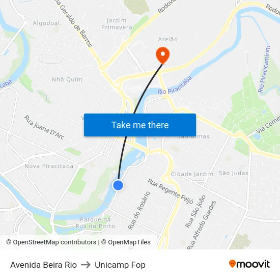 Avenida Beira Rio to Unicamp Fop map