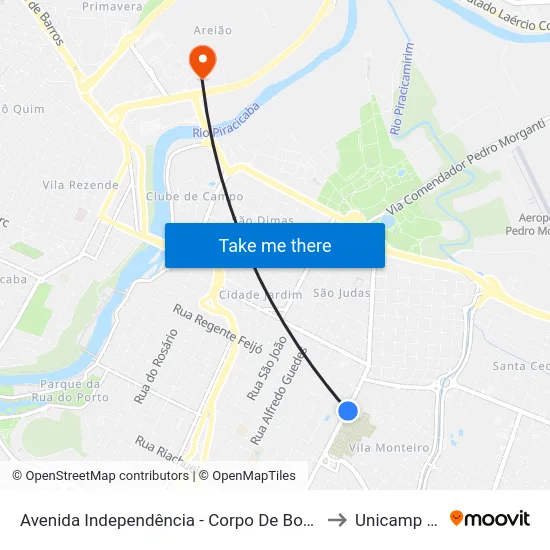 Avenida Independência - Corpo De Bombeiros to Unicamp Fop map