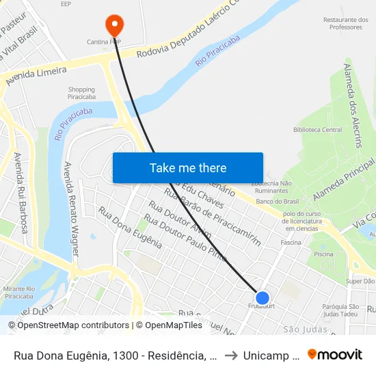 Rua Dona Eugênia, 1300 - Residência, Nº 1300 to Unicamp Fop map