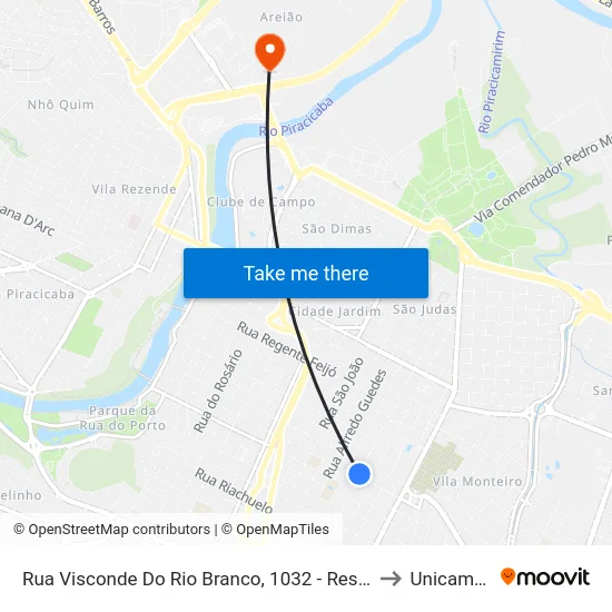 Rua Visconde Do Rio Branco, 1032 - Residência, Nº 1032 to Unicamp Fop map