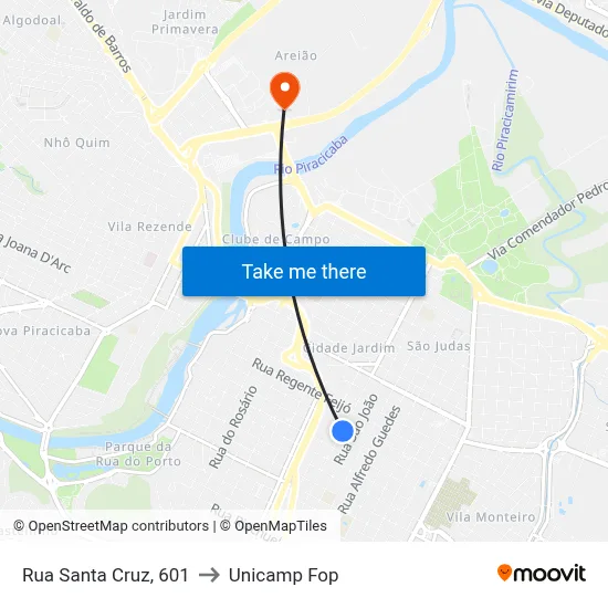 Rua Santa Cruz, 601 to Unicamp Fop map