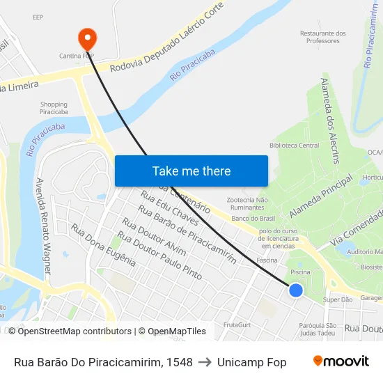 Rua Barão Do Piracicamirim, 1548 to Unicamp Fop map