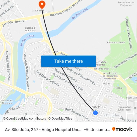 Av. São João, 267 - Antigo Hospital Unimed, Nº 267 to Unicamp Fop map