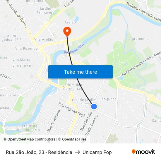Rua São João, 23 - Residência to Unicamp Fop map