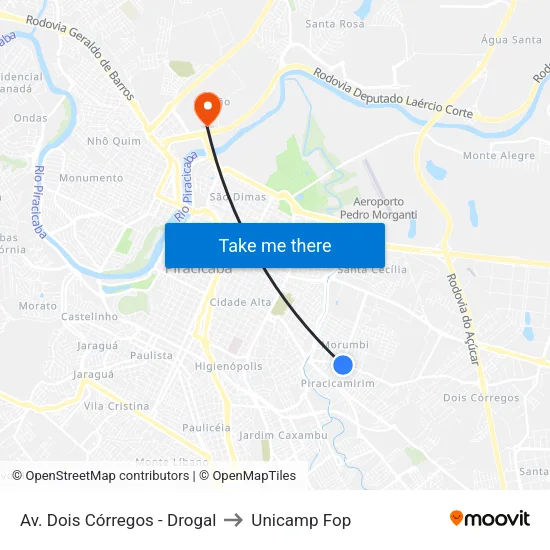 Av. Dois Córregos - Drogal to Unicamp Fop map