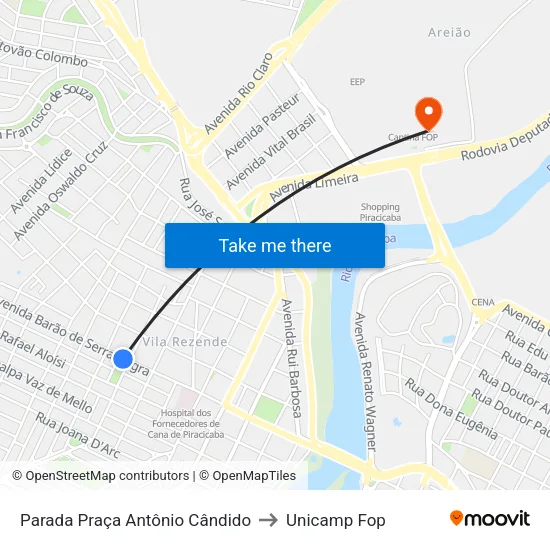 Parada Praça Antônio Cândido to Unicamp Fop map