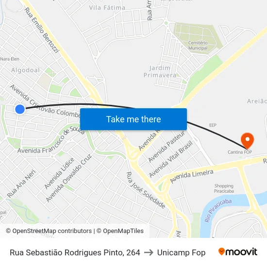 Rua Sebastião Rodrigues Pinto, 264 to Unicamp Fop map
