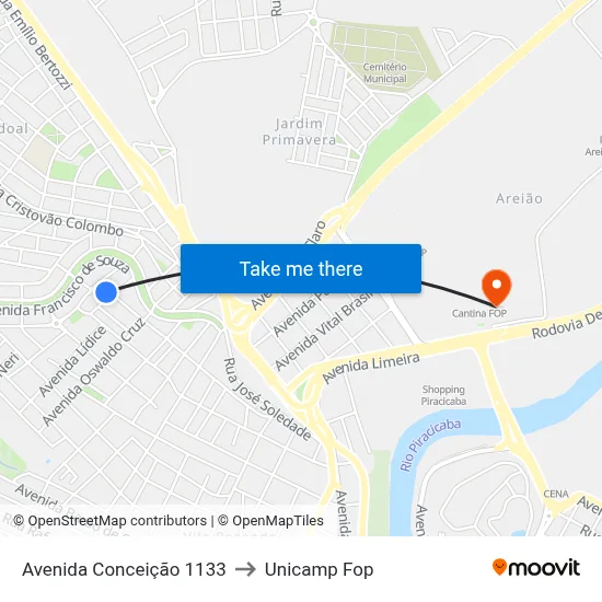 Avenida Conceição 1133 to Unicamp Fop map