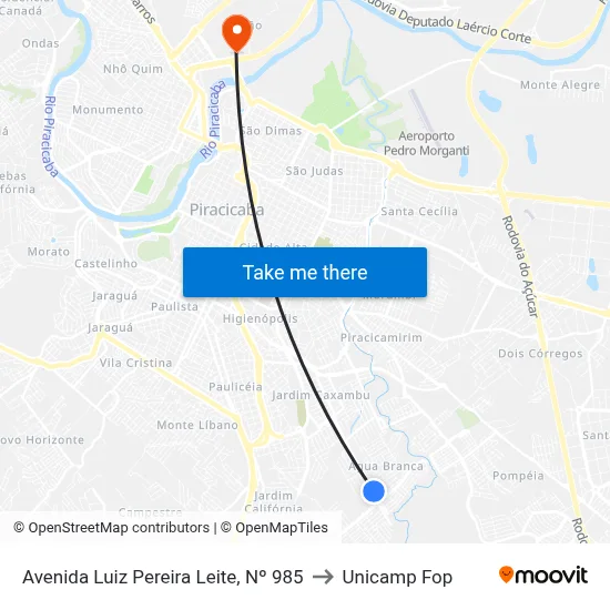 Avenida Luiz Pereira Leite, Nº 985 to Unicamp Fop map