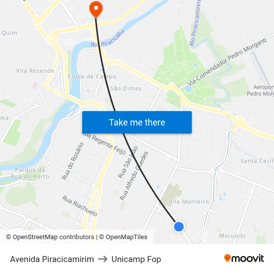 Avenida Piracicamirim to Unicamp Fop map