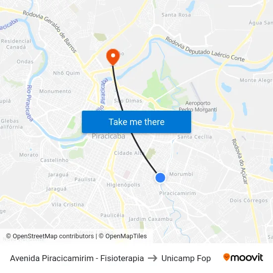 Avenida Piracicamirim - Fisioterapia to Unicamp Fop map