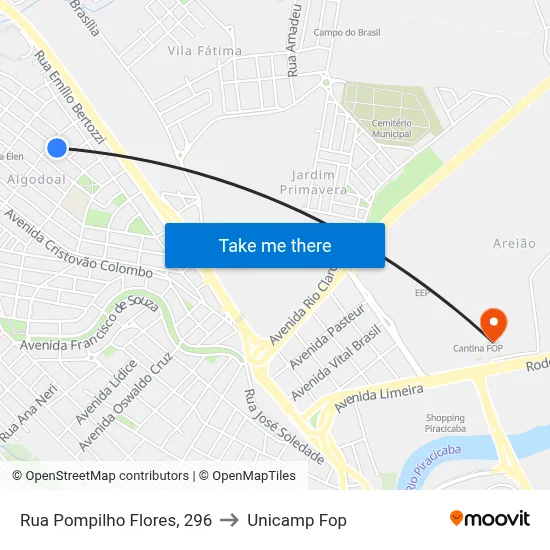 Rua Pompilho Flores, 296 to Unicamp Fop map