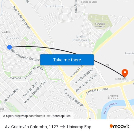 Av. Cristovão Colombo, 1127 to Unicamp Fop map
