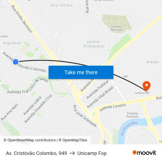 Av. Cristóvão Colombo, 949 to Unicamp Fop map