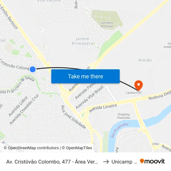 Av. Cristóvão Colombo, 477 - Área Verde, Nº 477 to Unicamp Fop map