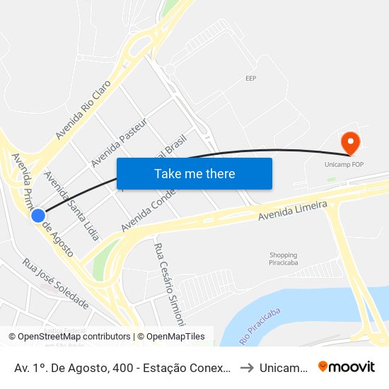 Av. 1º. De Agosto, 400 - Estação Conexão / Marmoraria to Unicamp Fop map
