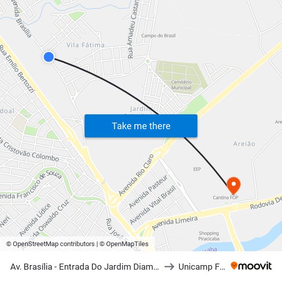 Av. Brasília - Entrada Do Jardim Diamante to Unicamp Fop map