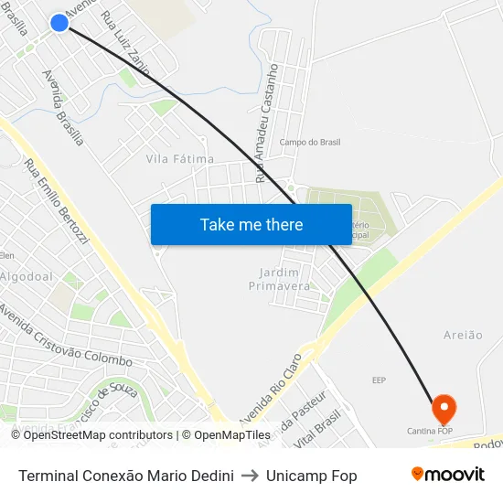 Terminal Conexão Mario Dedini to Unicamp Fop map