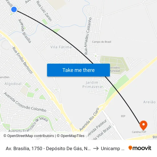 Av. Brasília, 1750 - Depósito De Gás, Nº 1750 to Unicamp Fop map
